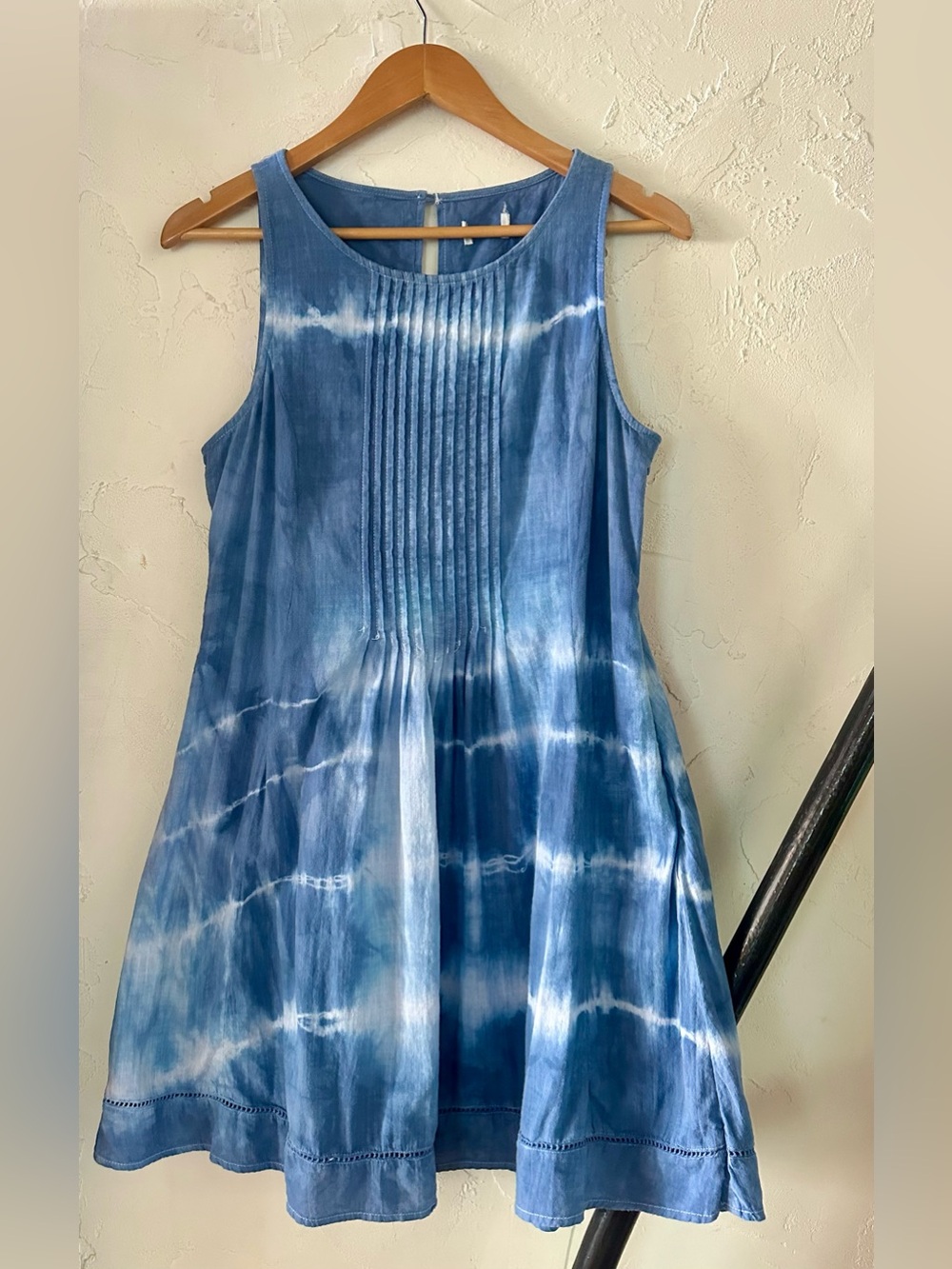 Blue Tie-Dye Sleeveless Linen-Cotton Midi Dress